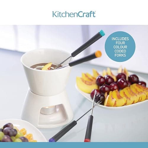KitchenCraft Chocolate Fondue Set in Gift Box, with Four Stainless Steel Forks and Tealight Candle, Ceramic Bowl and Stand, Ideal for Parties and Dipping Sweets, Fruit or Biscuits, White thumbnail 5