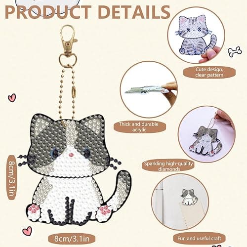 9 Pcs Diamond Painting Magnets Kits Diamond Art Fridge Magnet Stickers Diamond Art Painting Key Chains Diamond Painting kit for Beginners Adults DIY Art Craft Gifts Home Decors (cat) - cat thumbnail 7