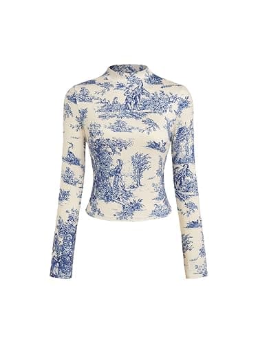 CIDER Women's Floral Knitted Long Sleeve Mock Neck Going Out Slim Fit Tops Fall Outfits Trendy Clothes - Image 1