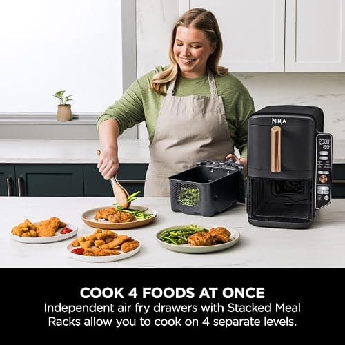 Ninja Double Stack XL Air Fryer, Vertical Dual Drawer Air Fryer with 4 cooking levels, 2 Drawers & 2 Racks, Space Saving Design, 9.5L Capacity, 6 Functions, 8 Portions, Tongs, Black/Copper SL400UKCP thumbnail 2