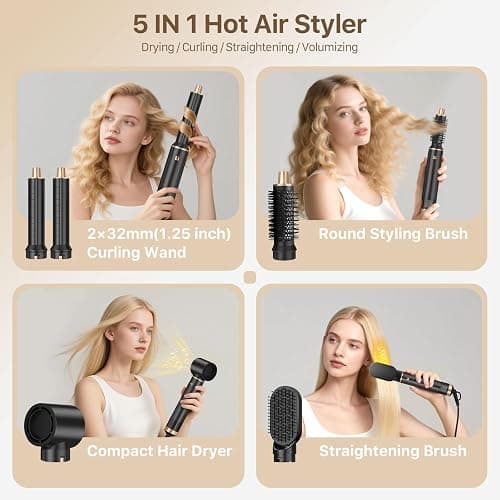 Sendowtek Hot Air Styler Brush Set for Women 5 in 1 800W | 3 Level Temp Hairdryer Comb for Rotating Curling Straightening Volumize Auto Wrap Curler Multi-styler Hair Tools thumbnail 2