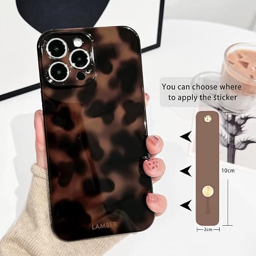 NITITOP Compatible with iPhone 12 Pro Max Case with Wrist Strap Cute Stylish Leopard Aesthetic Tortoise Amber Design for Women Girls Men Soft TPU Shockproof Protective Cover - Brown thumbnail 3