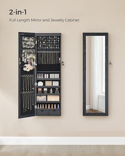 SONGMICS 6 LEDs Mirror Jewelry Cabinet, 47.2-Inch Tall Lockable Wall or Door Mounted Jewelry Armoire Organizer with Mirror, 2 Drawers, 3.9 x 14.6 x 47.2 Inches, Black UJJC093B01 thumbnail 4