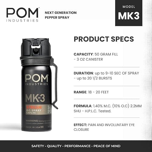 POM MK3 Pepper Spray, Belt Clip Model, Maximum Police Strength OC with UV Marking Dye, Quick Flip Top Safety, 360° Performance At Any Angle, Powerful Accurate Stream, 18 ft Range, 1.8 fl oz thumbnail 3