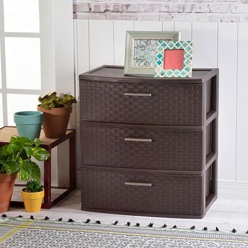 Sterilite 3 Drawer Wide Weave Storage Tower, Plastic Decorative Drawers to Organize Clothes in Bedroom, Closet, Brown with Brown Drawers, 1-Pack thumbnail 4