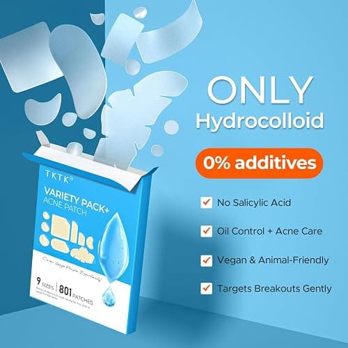 TKTK Hydrocolloid Pimple Patches All-in-One Combo Pack (9 Sizes 801 Count) | 7 Shapes Bulk Strips for Face & Back, Gentle Blemish Care for Acne, Zit Covering Set for Breakouts & All Skin Types thumbnail 6