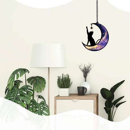 Halloween Black Cat Moon Decor Witchy Gifts for Women | Cat Lovers Friends Teen Girls Stained Glass Window Hanging Ornament Gifts For Christmas Halloween Decorations (Purple) thumbnail 6