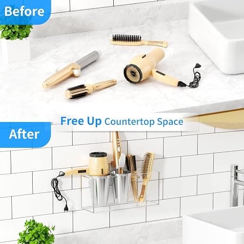 NIUBEE Hair Tool Organizer Wall Mount, Hair Dryer Holder for Bathroom,Clear | Acrylic Hair Organizer Storage Countertop, Blow Dryer Holder, Hot Tools Organizer for Curling Iron, Brush, 2 Stainless Cups thumbnail 7