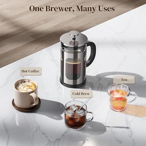Veken French Press Coffee Maker 21oz 0.6 L, Single Serve Small Pot, Heat Resistant Thickened Borosilicate Glass,Stainless Steel Brewer,Cold Brew Cafetera Teapot for Kitchen Travel Camping, Dark Pewter thumbnail 8
