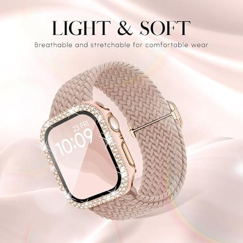 Braided Stretchy Band Compatible for Apple Watch Bands for Women and Case 40mm 41mm 42mm 44mm 45mm 46mm, Solace Solo Loop Bling Diamond Screen Protector Cover for iWatch Series 11 10 9 8 7 SE 6 5 4 thumbnail 2