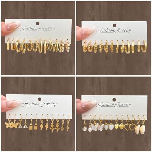 IFKM 24 Pairs Gold Hoop Earrings Set for Women Hypoallergenic Chunky Chain Twisted Open Hoops Dangle Earring Packs for Birthday Party Christmas Fashion Jewelry Gift thumbnail 6