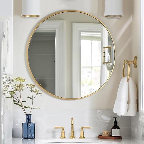 Sunniry Gold Round Mirror, 24 inch Circle Mirror, Gold Brushed Metal Frame Bathroom Mirrors, Round Wall Mounted Mirrors for Bathroom, Hallway, Living Room, Bedroom. thumbnail 3
