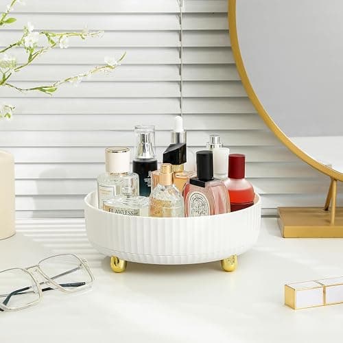 Anyoifax Makeup Perfume Organizer Tray 360 Degree Rotating Lazy Susan Skincare Lotion Organizer Spinning Cosmetics Storage for Dresser, Vanity, Bathroom Countertop, Small Ivory White thumbnail 2
