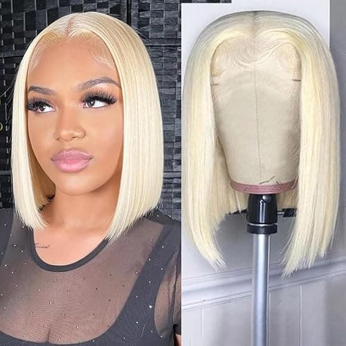 10 pouces 613 Blonde Short Bob Wig Cheveux Humains Straight Lace Front Perruque 180 Densité 13x4 HD Lace Front Perruque Bob Wig Pré - épelé des Cheveux de bébé pour Les Femmes - Image 1