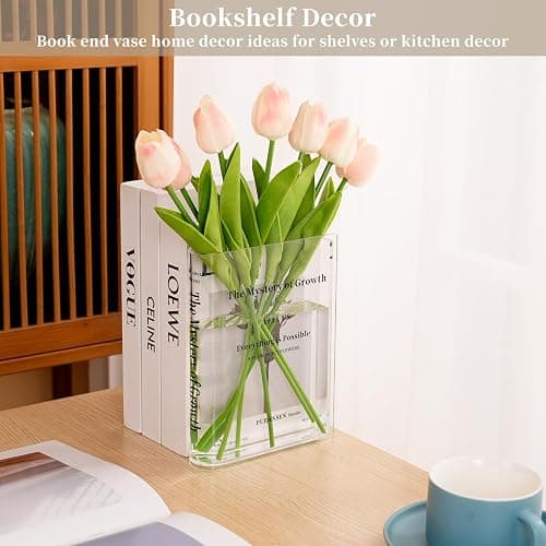 Puransen Clear Bookend Vase for Flowers - Aesthetic Room Decor for Modern Home/Office, Minimalist Shelf Organizer with Floral Display, for Book Lovers & Interior Design Enthusiasts thumbnail 3