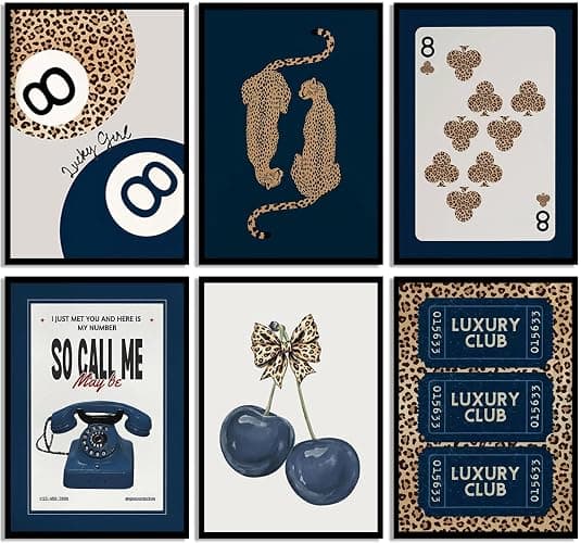 6Pcs Navy Blue Trendy Leopard Canvas Wall Art Fashion Lucky 8 Ball Painting pictures Preppy Y2K Aesthetics Wall Decor Trend Cheetah Prints Artwork for College Dorm Home Decoration 8x10in Unframed - Image 1