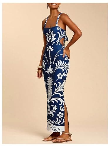 Floerns Women's Tropical Bow Tie Back Long Dress Sleeveless Maxi Dress | Hawaiian Resort Wear, Coastal Vacation, Beach Wedding Guest, Side Slit, Spring Break Outfits thumbnail 6