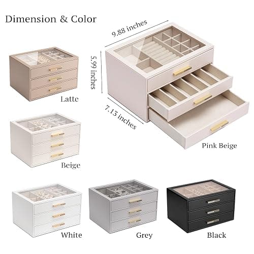 Vlando 3-Drawer Jewelry Box Organizer with Glass Lid, White | Faux Leather Jewelry Organizer for Rings Earrings Necklaces and More, Gift-Ready Jewelry Case for Women Girls or Moms thumbnail 3