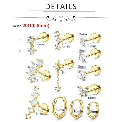 Incaton 20G Cartilage Piercing Jewelry Flat back Helix Earrings for Women Hypoallergenic Surgical Steel Gold Cartilage Hoop Earring Set Daith Tragus Conch Flat Back Stud Earrings thumbnail 3