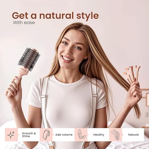 AIMIKE ROSE LUXE Brosse Ronde Brushing, Brosse Cheveux Brushing Grande pour Séchage Rapide, Brosse Brushing Professionnel pour Le Coiffage et L'ajout de Volume, Avec 4 Pince Cheveux Coiffeur, 53mm thumbnail 5