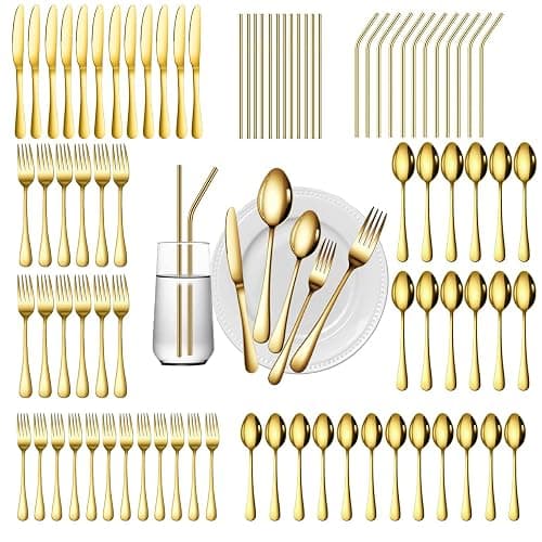 Gutuwellea 84 Pieces Gold Silverware Service for 12 Flatware Set Stainless Steel Utensils Cutlery Set Dishwasher Safe Flatware (Gold, 84) - Image 1