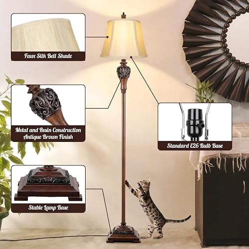 Vintage Floor Lamp for Living Room Traditional Farmhouse Tall Standing Lamp Mid-century Antique Bedroom Pole Lamp with Bell Shape Faux Silk Shade Elegant Rustic Bright Lighting for Reading Home Decor thumbnail 4