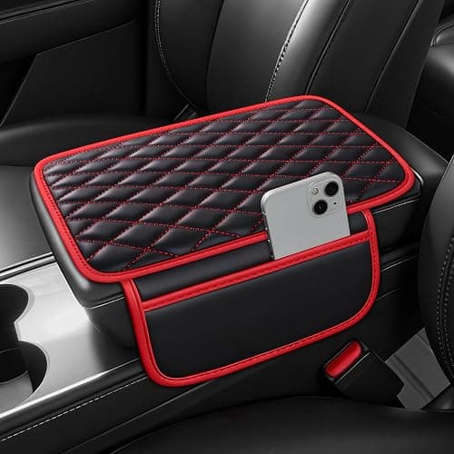 AuraSettle Waterproof Leather Car Center Console Pad with 2 Storage Bags, Auto Armrest Box Cover Protector, Comfortable Interior Accessories for Most Household Cars, Sedans & SUV (Black Red Stitch) - Image 1