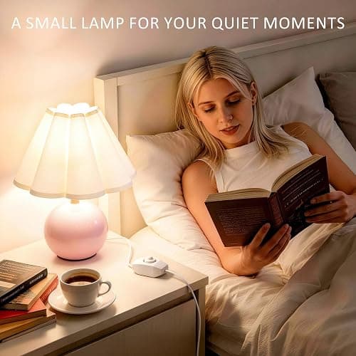 Komothala Small Bedside Table Lamp, Ceramic Stepless Dimmable Lamp with Scalloped Fabric Shade,Decorative Accent Light for Nightstand, Living Room, Console or Kids Dorm,Pink (E26 LED Bulb Included) thumbnail 7
