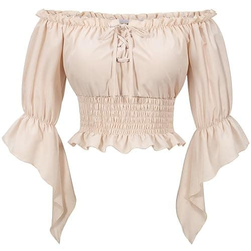 Womens Renaissance Victorian Peasant Shirt Pirate Blouse Cosplay Costume Bell Sleeve Tops(BG M) Beige thumbnail 2