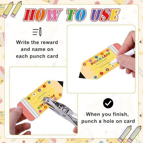 ReliThick 200 Pcs Punch Cards for Classroom Reward Cards Behavior Incentive Awards Loyalty Card for Teacher School Business Home Supplies(Pencil) thumbnail 3