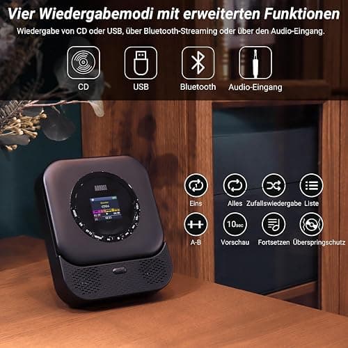 August SE15 Wiederaufladbarer tragbarer Bluetooth CD Player mit Kopfhörer | CD Spieler mit 3,5mm Audio-Ein/Aus/Überspringschutz/Wiederholungsmodus, Wandhalterung&Fernbedienung, für Zuhause/Auto-Schwarz thumbnail 2