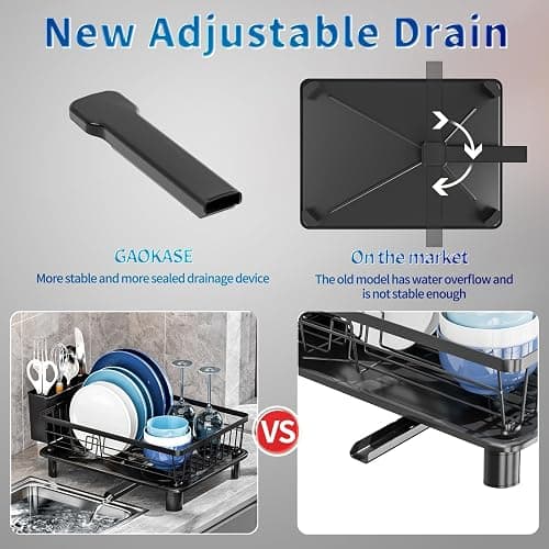 GAOKASE Dish Drying Rack, Stainless Steel Space-Saving Dish Rack, Dish Racks for Kitchen Counter, Kitchen Dish Drainers with Removable Utensil Holder,New Drain Outlet,Plate Rack and Drainboard, Black thumbnail 7