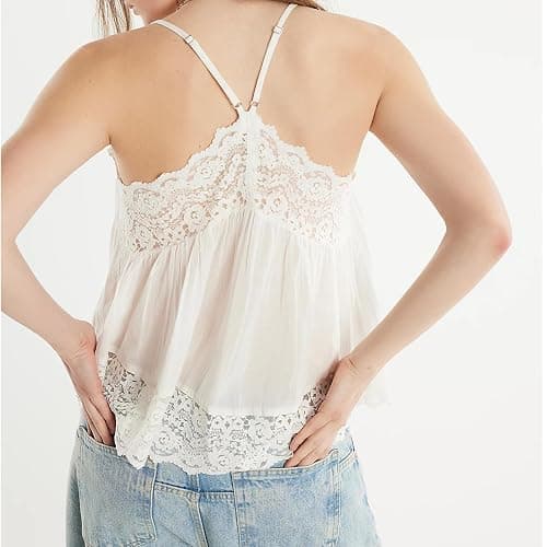 Women’s Lace Trim Cami Shirt Flowy Spaghetti Strap Sleeveless Tank Top Boho Lace V-Neck Camisole thumbnail 2