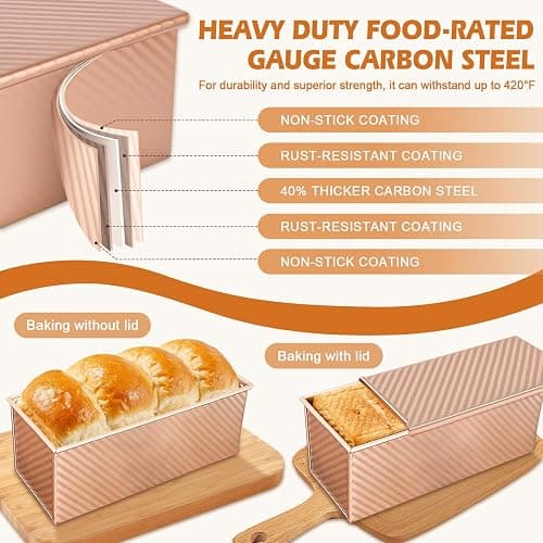 Dipanist 2Pack Pullman Loaf Pans with Lids – 2.2 LB & 1 LB Dough Capacity, Non-Stick Carbon Steel Bread Pans for Homemade Sandwich and Sourdough Bread, Corrugated Toast Mold thumbnail 4