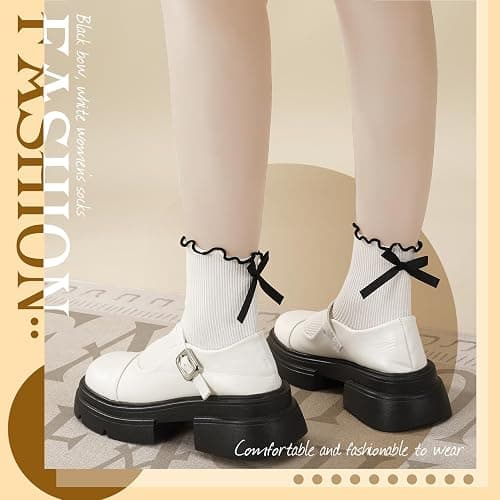 ZhouBoat 6 Pairs Womens Bow Socks Ruffle Casual Crew Socks Cute Black White Soft Breathable Cotton Frilly Ankle Socks thumbnail 6