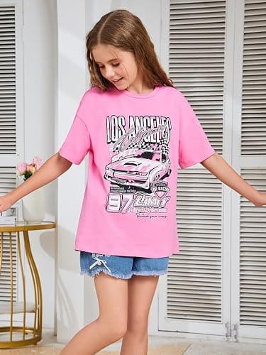 WDIRARA Girl's Car Letter Graphic Print Round Neck Short Sleeve Tee Summer Casual T Shirt thumbnail 5