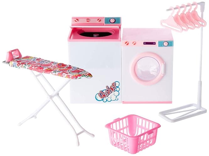 YMCtoys My Fancy Life Dollhouse Laundry Room Set, Pink and White Playset with Washer, Dryer, Ironing Board, Laundry Basket, Kids Pretend Play Furniture thumbnail 3