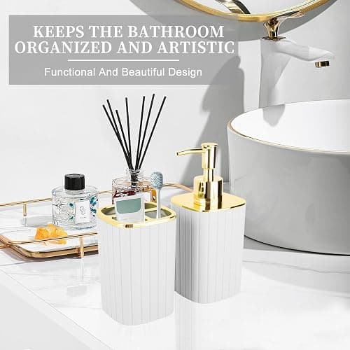 2PCS Bathroom Accessories Set, White and Gold Bathroom Accessories Include Soap Dispenser and Toothbrush Holder for Boho Bathroom Decor thumbnail 6
