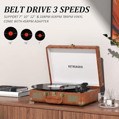 Vinyl Record Player 3-Speed Bluetooth Portable Suitcase Records Player with 2 Built-in Stereo Speakers, Belt-Driven Turntable for Vinyl Records, Support RCA Line Out, AUX Out (Brown) thumbnail 4