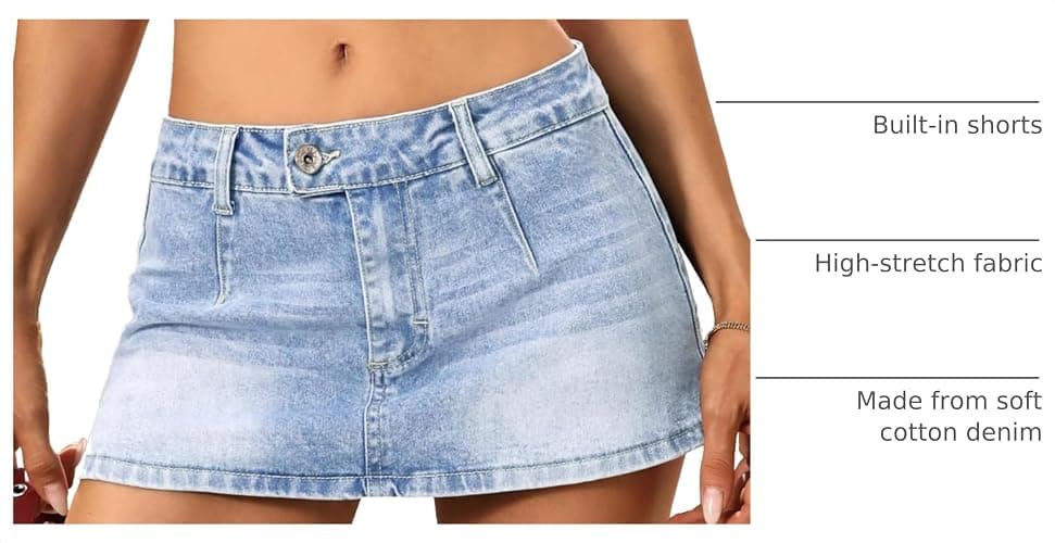 ELLEVEN Womens Low Rise Denim Mini Skirt, Jean Skirt with Shorts Underneath | High Stretch, Micro Skort, Y2k Style, Casual Cute Summer Fashion Outfits, Music Festival Country Concert Outfits for Women thumbnail 4