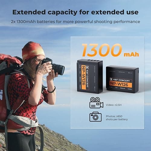 K&F Concept 1300mAh NP-W126 NP-W126S Battery and Charger for Fujifilm XM5, X100VI, X100V, XS10, XT30, XT30 II, XT20, XE4, A5, Dual-Slot Fast Charger, Type-C and Micro-USB Input, 2 Pack Battery thumbnail 2