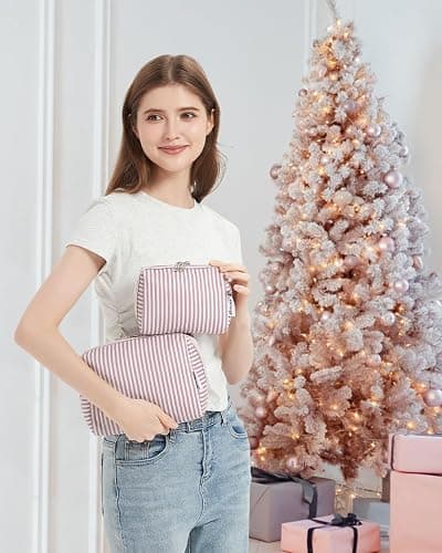 Narwey Striped Makeup Bag Travel Cosmetic Bag Organizer Toiletry Bag Make Up Bags with Compartments for Women Girls (Large, Dusty Rose Stripe) thumbnail 5
