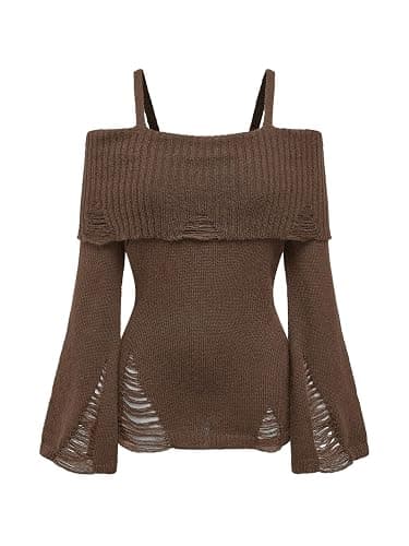 SOLY HUX Women's Cold Shoulder Ripped Sweater Goth Punk Long Sleeve Fitted Jumper Pullovers - Image 1