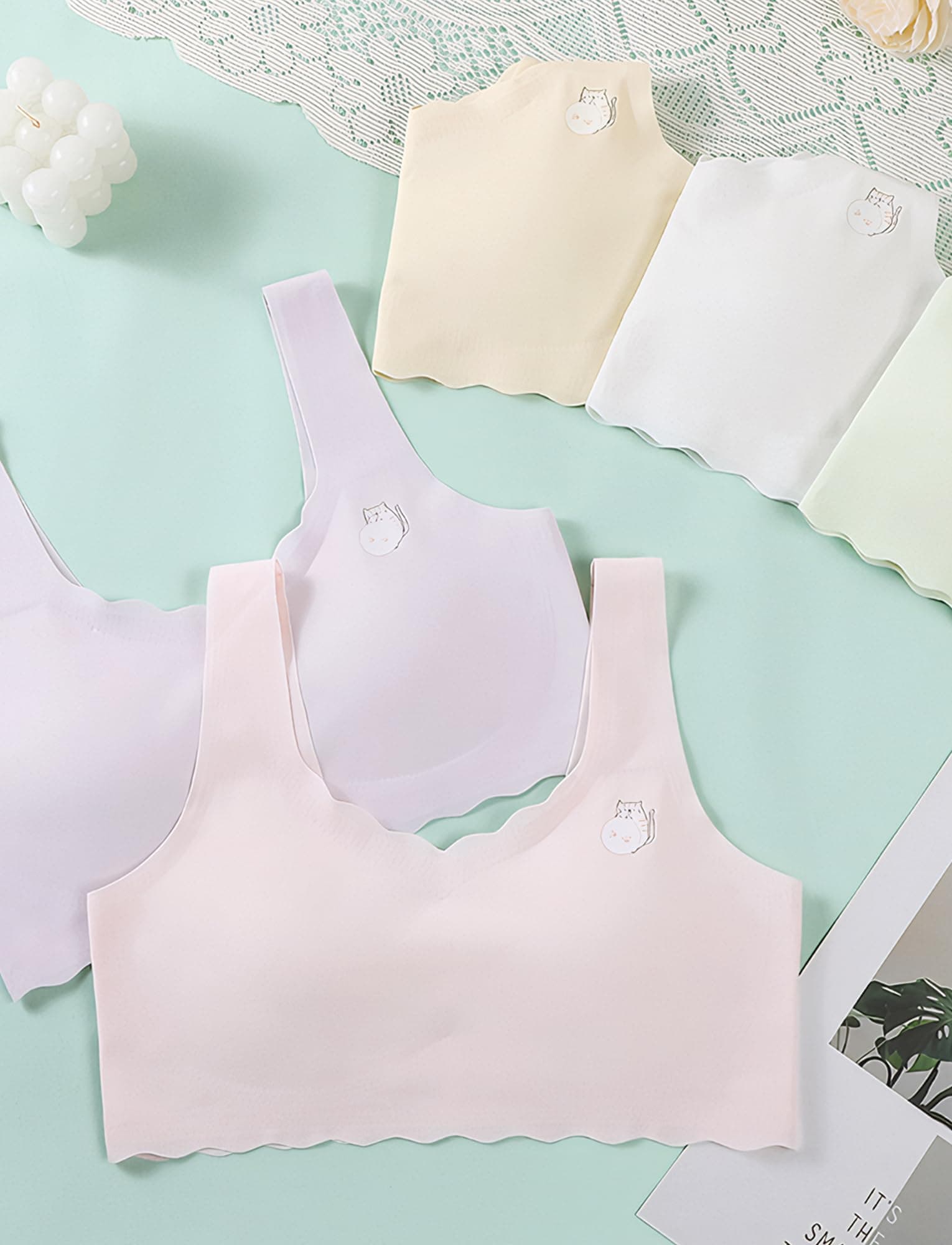 SEAUR 4 Pack Girls Training Bras Thin Padded Bra Seamless Stretchy Sports Bra Invisible Bralette First Bra Kids Bras Tank Top - 10-12 Years - Pink/ Purple/ Green/ Beige thumbnail 5