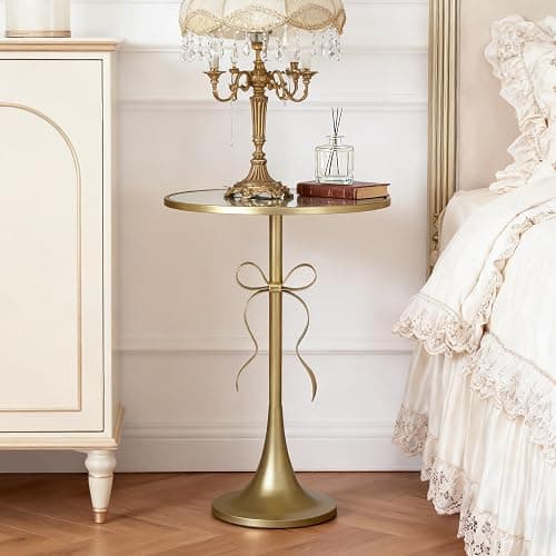 Aoligrace Gold Metal Side Table, Retro Bow Pedestal End Table with Mirror Tabletop, Decorative Martini Drink Table for Small Space, Living Room, Couch, Patio thumbnail 4