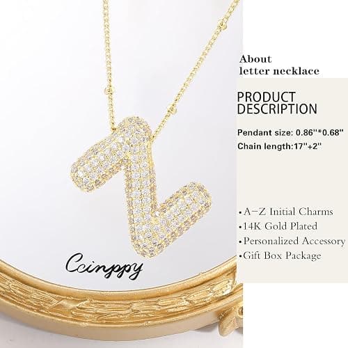 CCINPPY Letter Necklace, 14k Gold Plated Bubble Balloon Dainty Necklace for Women, Chunky Initial Charm Pendant Name Necklace Personalized thumbnail 5