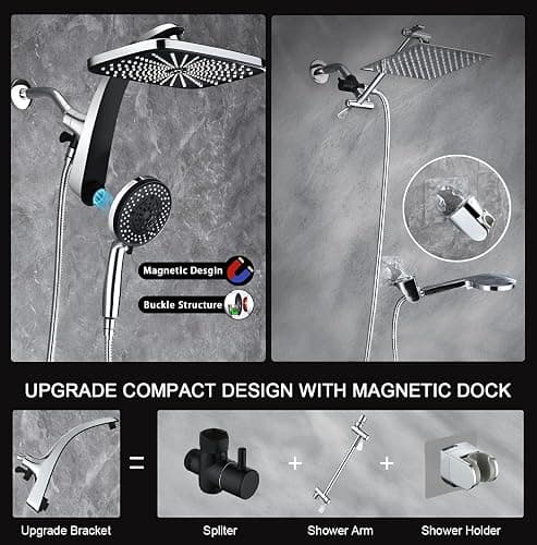 High Pressure Rain Shower Head: Upgrade Shower Heads with Handheld Spray Combo with Fixed Showerhead and 10 Sprays Handheld Shower Head, Detachable Shower head Built-in Magnetic Docking and Power Jets thumbnail 6