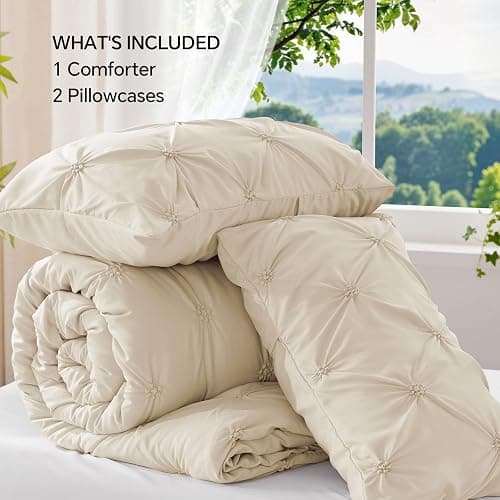 BEDELITE Queen Comforter Set Beige - 3 Pieces Boho Pintuck Bedding Sets, Queen Size Bed Set with 2 Pillow Shams for All Seasons, Room Decor Valentine's Gift,Lightweight Soft and Warm thumbnail 7