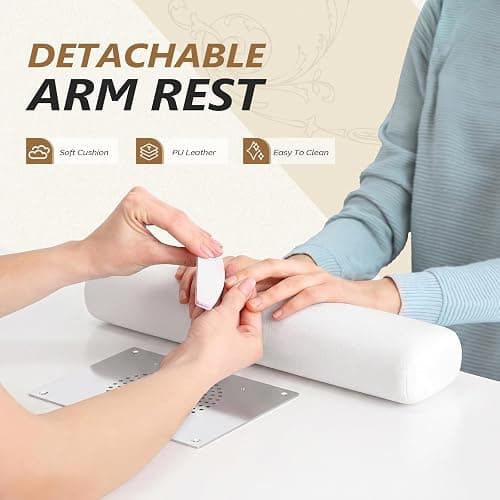 OmySalon Nail Desk for Nail Tech with Electric Dust Collector – Rattan Manicure Table, Professional Salon Station with Display Rack, Storage Drawers, Acetone Resistant Surface & Wrist Cushion (White) thumbnail 6