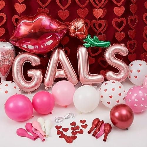 Galentines Day Party Decorations hot pink and pink Balloon Arch Garland Kit with GALS letter Wine glass rose lips Balloons for Galentines Day Party Valentines Lady Nignt Birthday Party Supplies thumbnail 6